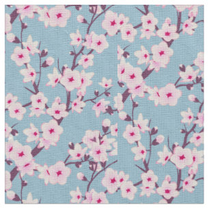 Tecido Floral Cerejeira Brilhante Céu Rosa Azul