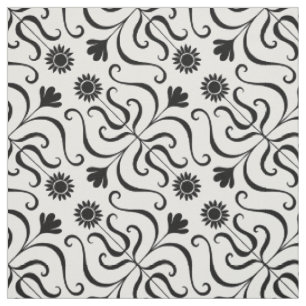 Tecido Floral Damasco preto e girassol branco