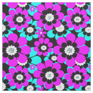 Tecido Floral Neon Patterno Roxo e Flores Turquesas