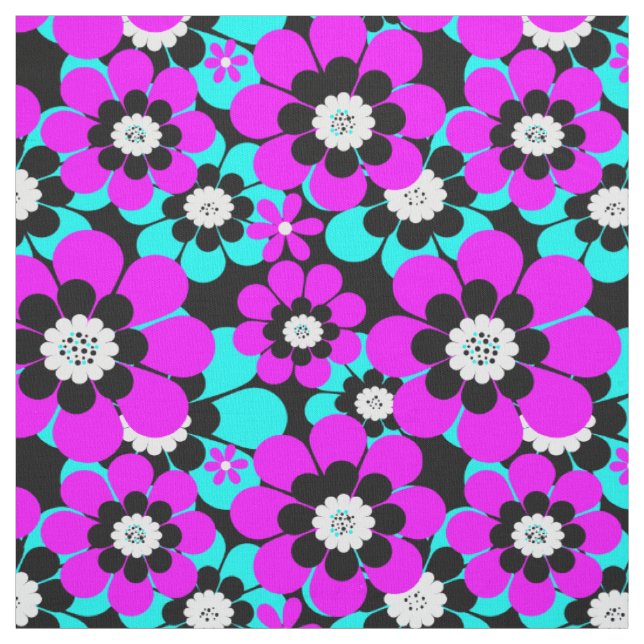 Tecido Floral Neon Patterno Roxo e Flores Turquesas (Modelo)