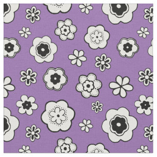 Tecido Floral roxo, preto e branco