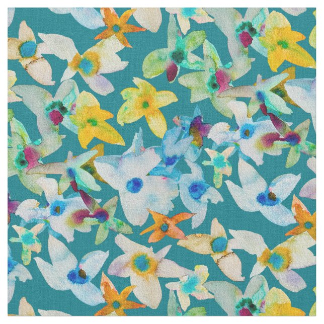 Tecido Flores azuis de cor aquosa (Detalhe)