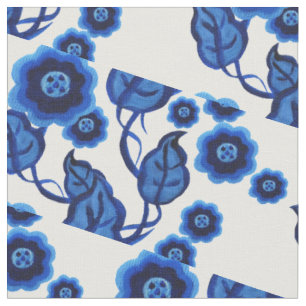 Tecido Flores azuis, folhas azuis, Folk art floral 2