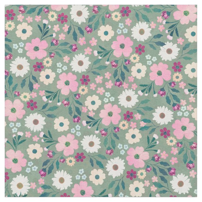 Tecido Flores bonito Verdes Rosa Botânicas (Detalhe)