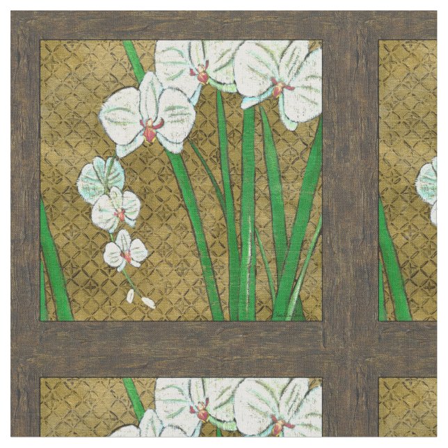 Tecido Flores brancas e caules verdes na fronteira castan (Detalhe)