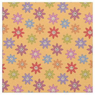 Tecido Flores Coloridas Alegres e Retro em Amarelo