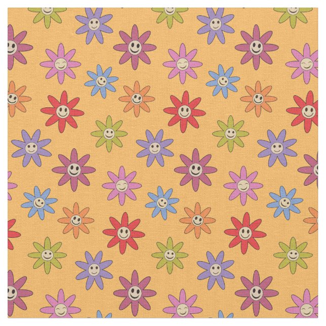 Tecido Flores Coloridas Alegres e Retro em Amarelo (Detalhe)