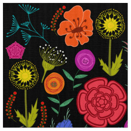 Tecido Flores Coloridas Brilhantes em Preto