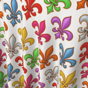 Tecido Flores Coloridas e Negritas Fleur-de-lis Brancas