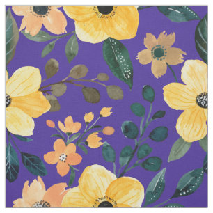 Tecido Flores de Aquarela Amarela Botânica Azul Roxo