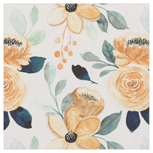 Tecido Flores de Aquarela Amarelo Mostarda Folhas Verdes (Detalhe)
