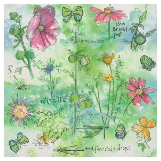 Tecido Flores de Aquarela Folha de Borboleta Botânica Esq (Modelo)