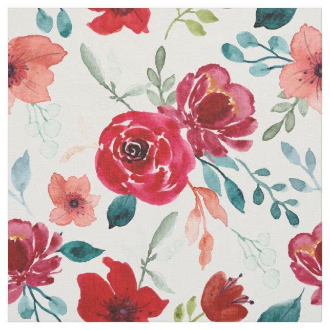 Tecido Flores de Aquarela Rosa Vermelho Folhas de Teal Br (Modelo)