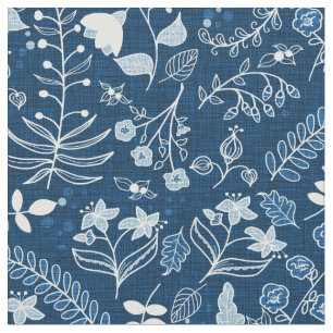 Tecido Flores de Boho Azul Clássicas Desenhadas À Mão
