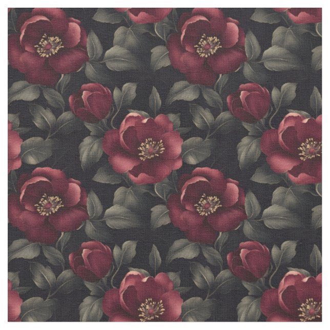 Tecido Flores de Borgonha em Preto (Detalhe)