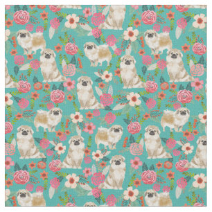 Tecido Flores de cães dourados e giros tibetanos