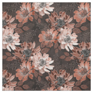 Tecido Flores de creme, teracote sobre fundo castanho esc