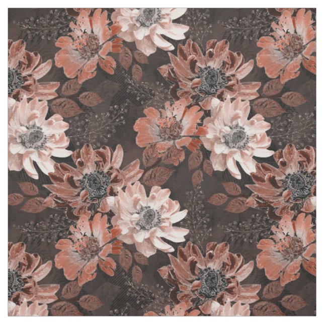 Tecido Flores de creme, teracote sobre fundo castanho esc (Modelo)