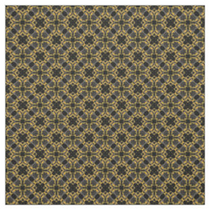 Tecido Flores de Filigrama Dourado & Padrão Xadrez Preto 