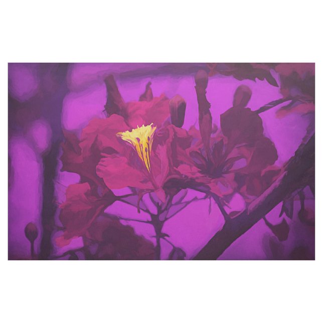 Tecido Flores de Hibiscus Amarelo-Roxo Elegante (Jarda)