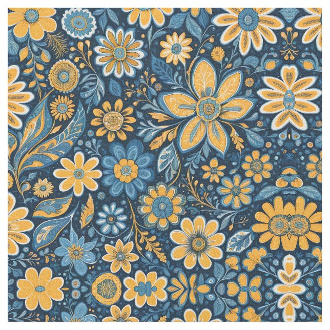 Tecido Flores de Hipopia Retro Flores Design Amarelo Azul (Detalhe)