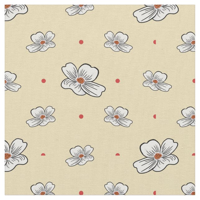 Tecido Flores de madeira e pontos vermelhos em creme de m (Detalhe)