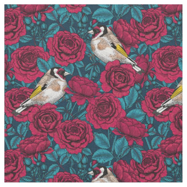 Tecido Flores de rosa vermelha e aves-pintadas (Detalhe)