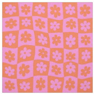 Tecido Flores Distorcidas Rosa e Laranja Xadrez Retrô