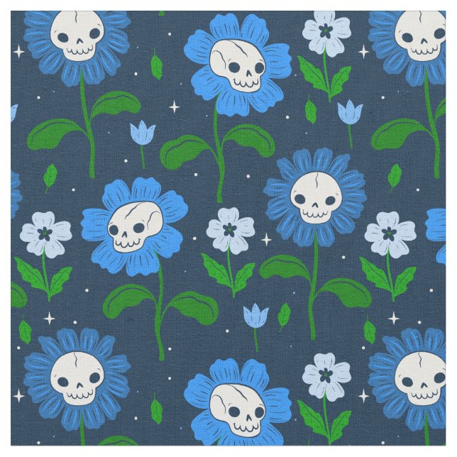 Tecido flores do crânio floral de halloween azul (Detalhe)