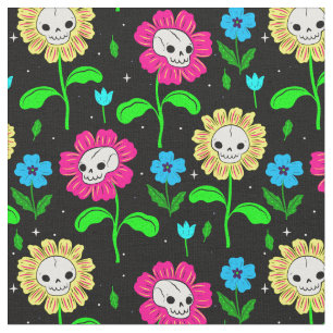 Tecido flores do crânio floral de halloween preto