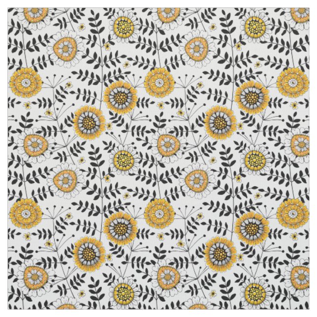 Tecido Flores e folhas de rabo em amarelo e preto (Modelo)