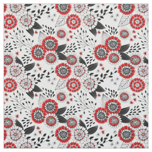 Tecido Flores e folhas de rabo em vermelho e preto