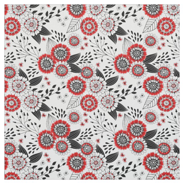 Tecido Flores e folhas de rabo em vermelho e preto (Modelo)