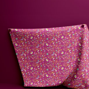 Tecido Flores e Pássaros de Boho Vermelho de Framboesa