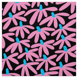 Tecido Flores Estilizadas - Rosa, Azul-Céu e Preto
