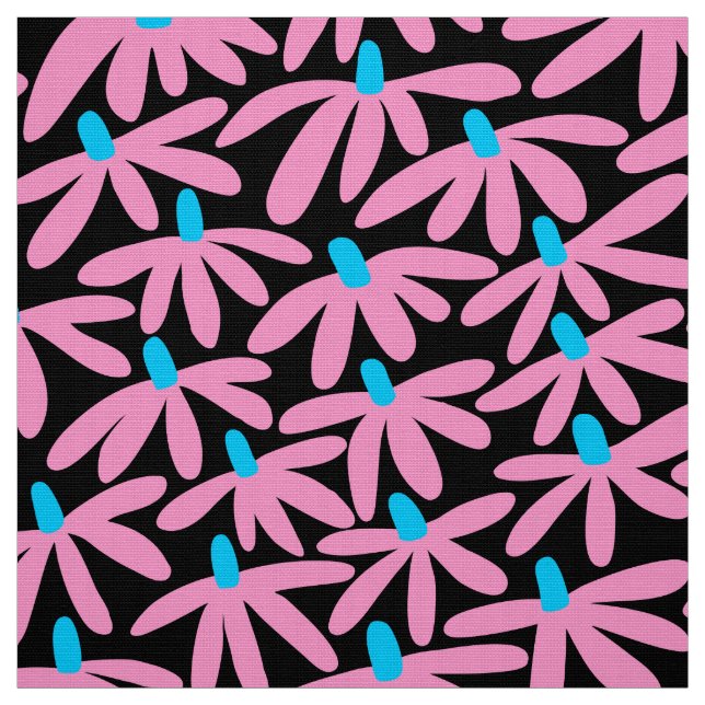 Tecido Flores Estilizadas - Rosa, Azul-Céu e Preto (Modelo)