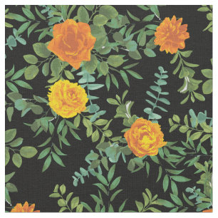 Tecido Flores Florais de Rosas Pretos Laranja