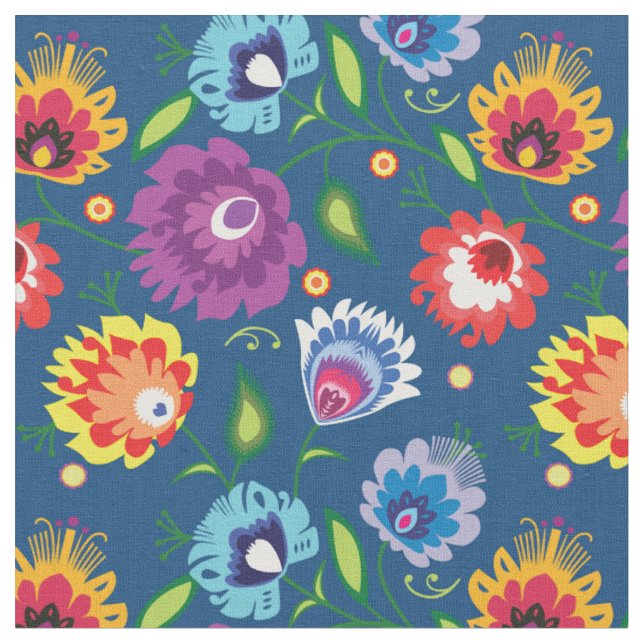 Tecido Flores Folclóricas em azul clássico (Detalhe)