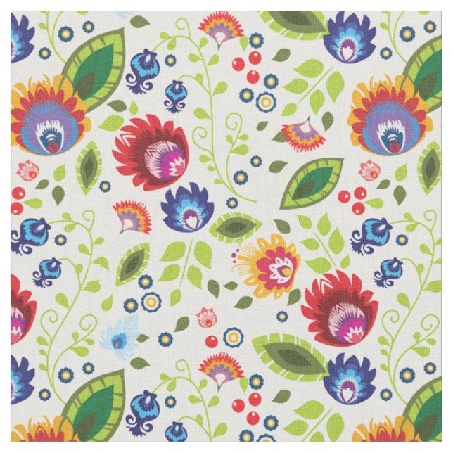Tecido Flores folclóricas em branco (Detalhe)