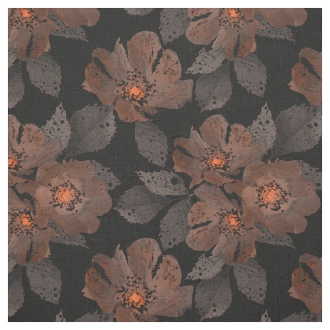 Tecido Flores laranja e marrom em um fundo preto. (Modelo)