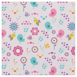 Tecido Flores Retro Aves e Abelhas em Fundo Rosa