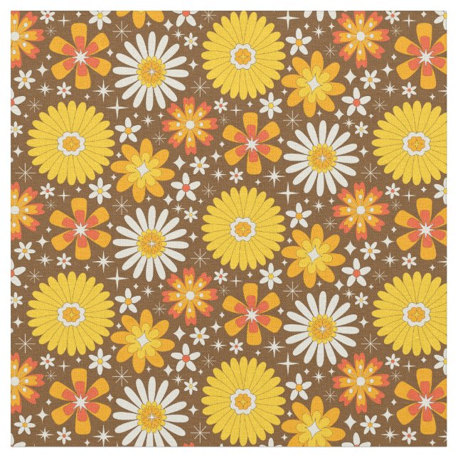 Tecido Flores Retro dos Anos 70 com Explosões Estelares A (Detalhe)