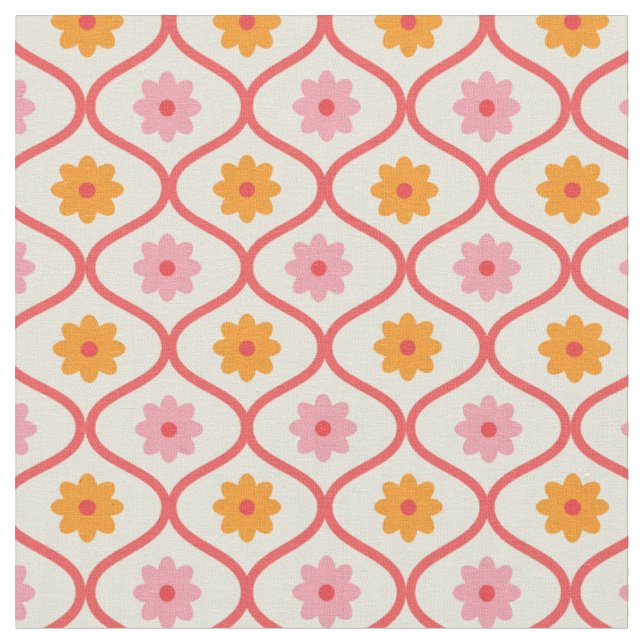 Tecido Flores retrô laranja e rosa em padrão Ogee (Detalhe)