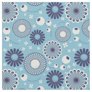 Tecido Flores Retro-Modernas Azul e Creme Padrão