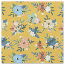Flores Retro Penteiam Padrão Floral Azul Amarelo