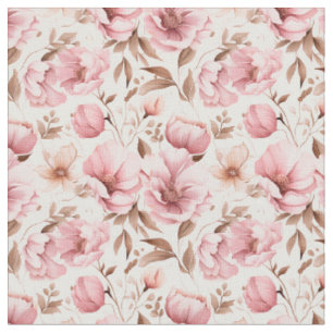 Tecido Flores rosa poeirentas em branco