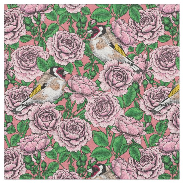 Tecido Flores rosas rosa rosa e aves-pintadas (Detalhe)