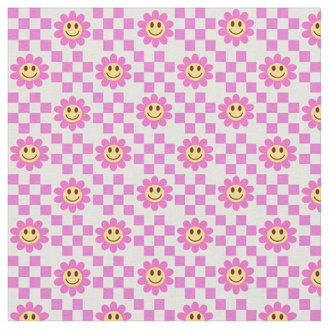 Tecido Flores Sorrindo Xadrez Rosa Choque com quadrados (Detalhe)