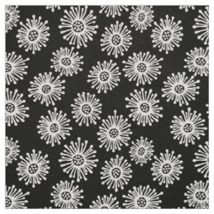 Tecido Flores tiradas mão - branco no preto