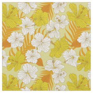 Tecido Flores Tropicais de Hibisco Amarelo e Laranja